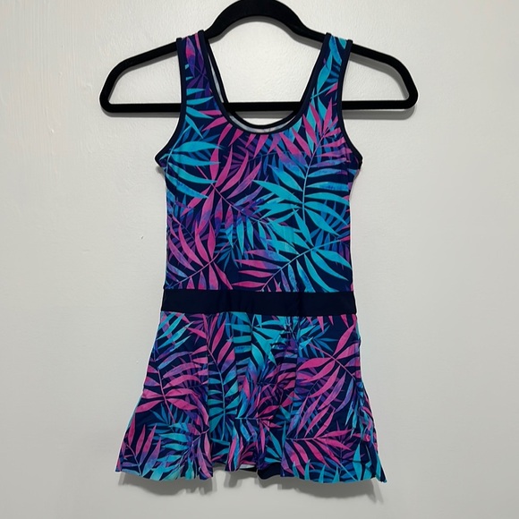 Tropical Leaf Kids Swim One Piece - Blue and Pink - Picture 4 of 4